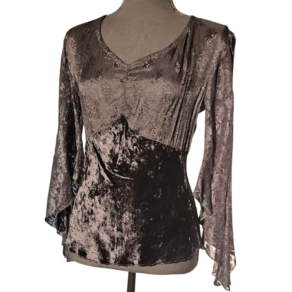 Vintage Y2K Lace Velvet Whimsigoth Babydoll Witchy Vamp Black Blouse Sz M